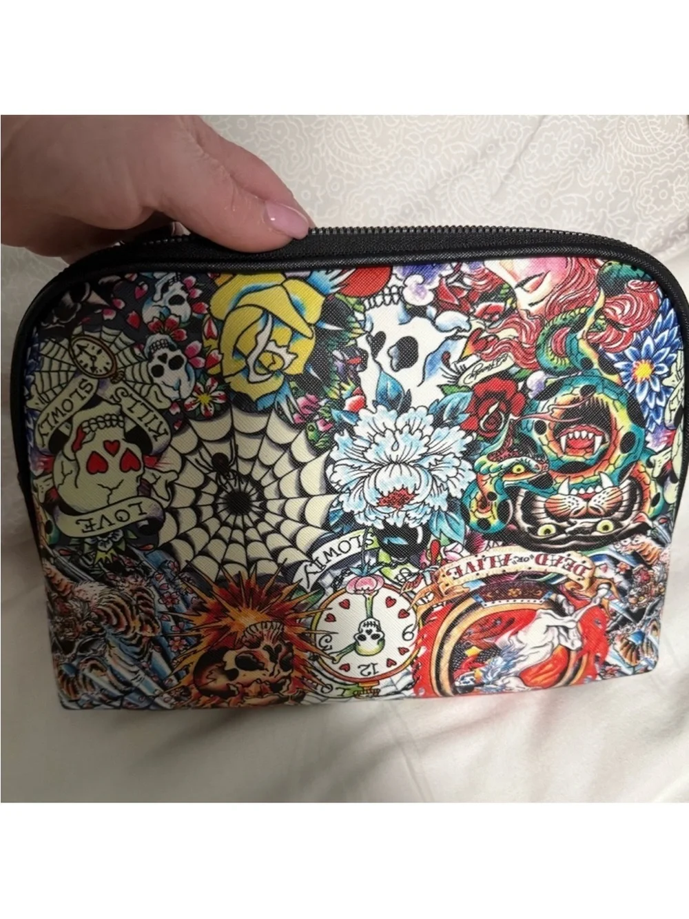 Ed Hardy Black and Pink Floral Cosmetic Bag set. NWT